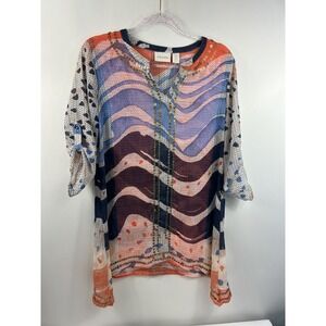 Chico's Blouse Women's Sz 0 Multicolor Sequins Asymmetrical Roll Tab Sleeves